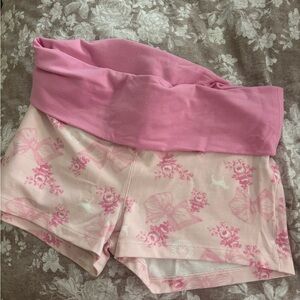 LoveShackFancy Pink Floral Yoga Shorts